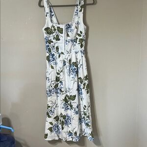 Reformation White Midi Dress with Blue Floral and Green Leaves